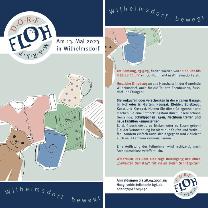 Ein illustriertes Plakat für den großen Flohmarkt im Mai 2024 in Wilhelmsdorf