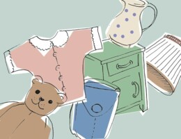 Simple Illustration auf der Möbel, Kleidung und ein Teddy zu sehen sind